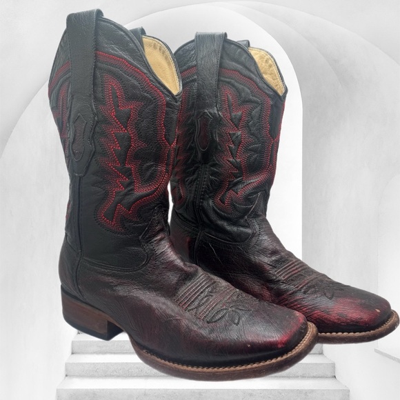 LOS ALTOS genuine ostrich belly Boots Wide Square Rodeo Toe Red Black men’s 8 EE - Picture 8 of 10